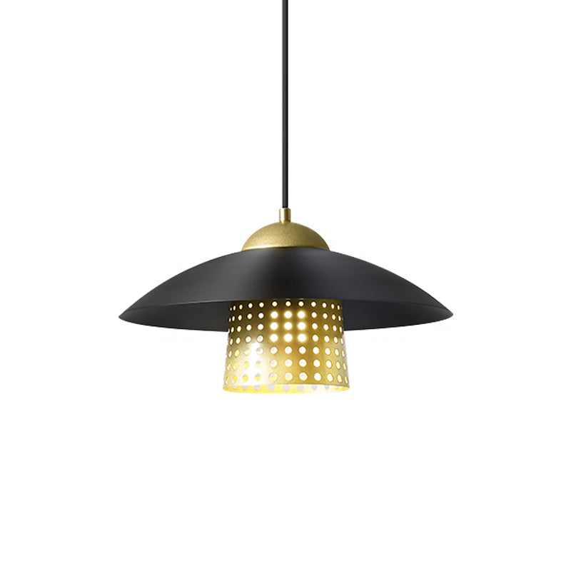 Commercial Pendant Light With Retro Mesh Cloche Design And Saucer Cap - Black/White/Gold