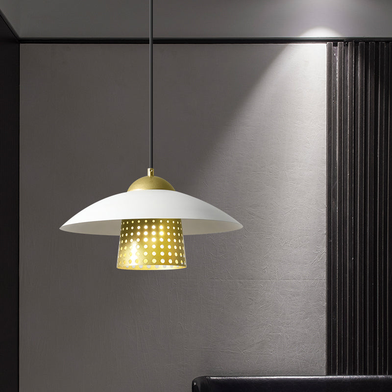 Commercial Pendant Light With Retro Mesh Cloche Design And Saucer Cap - Black/White/Gold