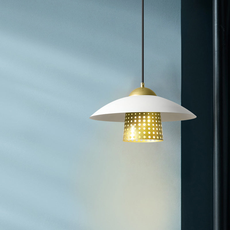 Commercial Pendant Light With Retro Mesh Cloche Design And Saucer Cap - Black/White/Gold