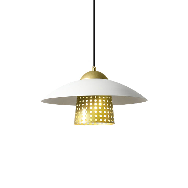 Commercial Pendant Light With Retro Mesh Cloche Design And Saucer Cap - Black/White/Gold