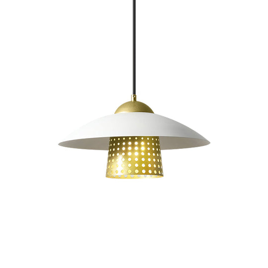 Commercial Pendant Light With Retro Mesh Cloche Design And Saucer Cap - Black/White/Gold