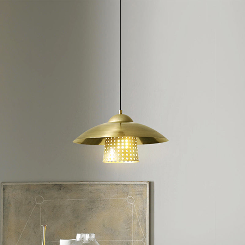 Commercial Pendant Light With Retro Mesh Cloche Design And Saucer Cap - Black/White/Gold