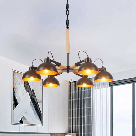 Modern Iron Black and Gold Chandelier with Rotating Bowl Shade and Wood Arm - 3/5/6 Head Ceiling Suspension Lamp