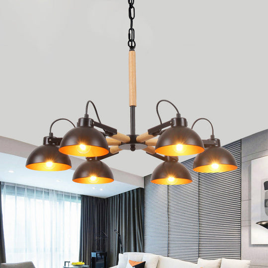 Modern Iron Black and Gold Chandelier with Rotating Bowl Shade and Wood Arm - 3/5/6 Head Ceiling Suspension Lamp