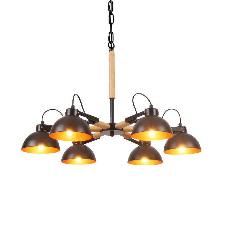 Modern Iron Black and Gold Chandelier with Rotating Bowl Shade and Wood Arm - 3/5/6 Head Ceiling Suspension Lamp