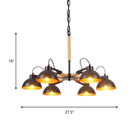 Modern Iron Black and Gold Chandelier with Rotating Bowl Shade and Wood Arm - 3/5/6 Head Ceiling Suspension Lamp