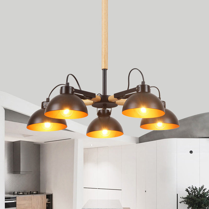 Modern Iron Black and Gold Chandelier with Rotating Bowl Shade and Wood Arm - 3/5/6 Head Ceiling Suspension Lamp