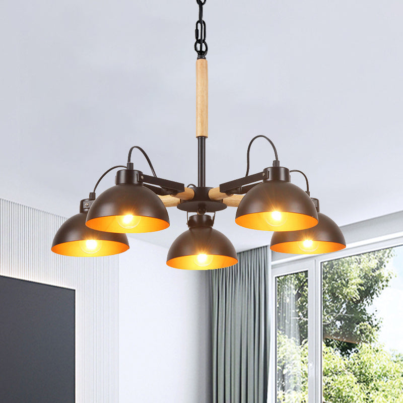 Modern Iron Black and Gold Chandelier with Rotating Bowl Shade and Wood Arm - 3/5/6 Head Ceiling Suspension Lamp