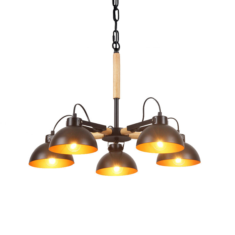 Modern Iron Black and Gold Chandelier with Rotating Bowl Shade and Wood Arm - 3/5/6 Head Ceiling Suspension Lamp