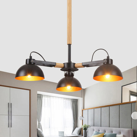 Modern Iron Black and Gold Chandelier with Rotating Bowl Shade and Wood Arm - 3/5/6 Head Ceiling Suspension Lamp