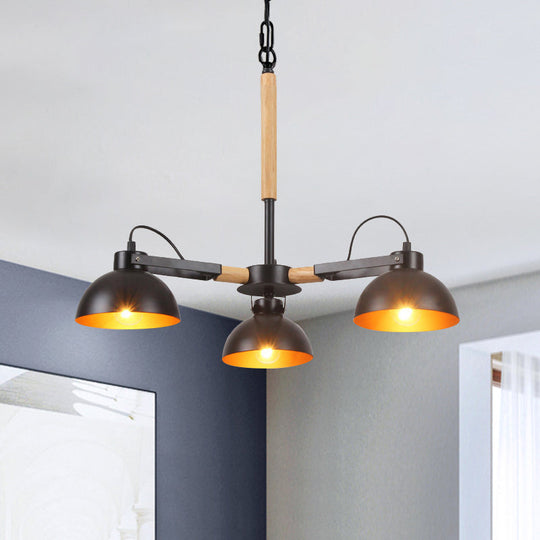 Modern Iron Black and Gold Chandelier with Rotating Bowl Shade and Wood Arm - 3/5/6 Head Ceiling Suspension Lamp