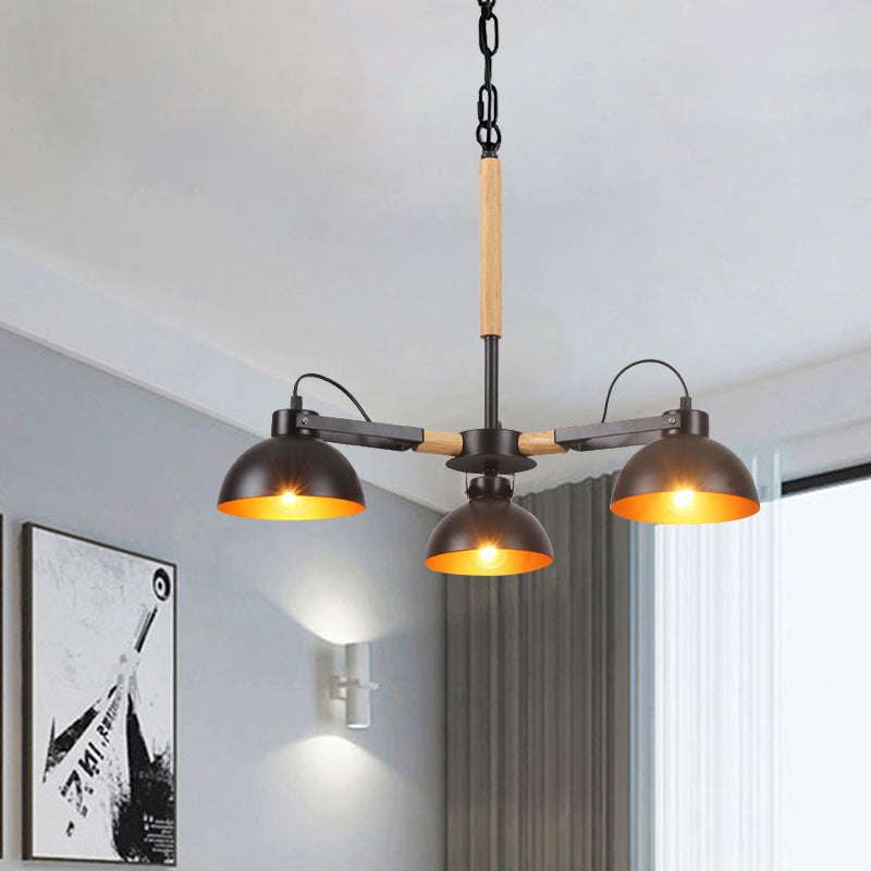 Modern Iron Black and Gold Chandelier with Rotating Bowl Shade and Wood Arm - 3/5/6 Head Ceiling Suspension Lamp