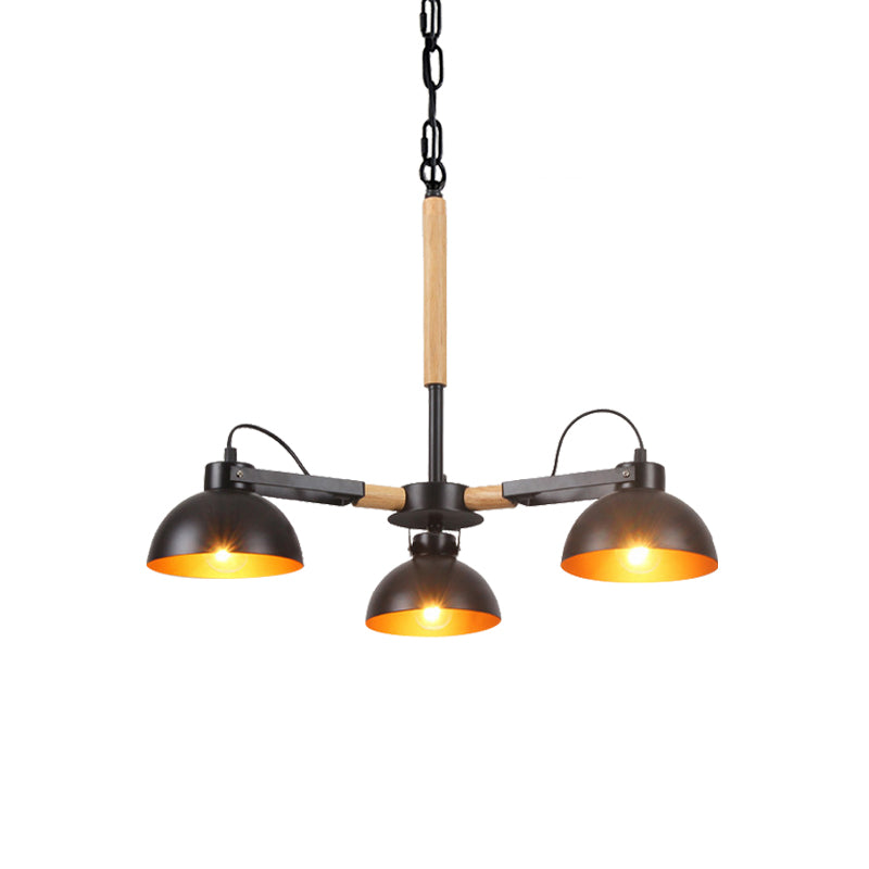 Modern Iron Black and Gold Chandelier with Rotating Bowl Shade and Wood Arm - 3/5/6 Head Ceiling Suspension Lamp