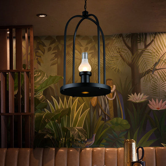 Frosted Glass Pendant Lamp with Bulb-Shaped Design & Black Birdcage Frame - Perfect for Country Club Style Interiors