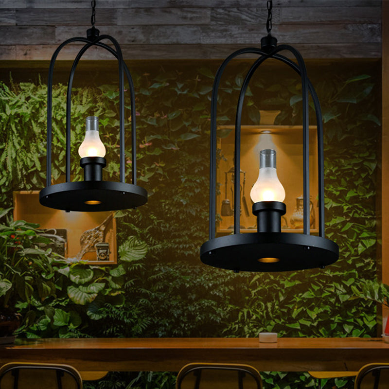 Frosted Glass Pendant Lamp with Bulb-Shaped Design & Black Birdcage Frame - Perfect for Country Club Style Interiors