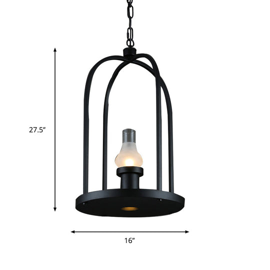 Frosted Glass Pendant Lamp with Bulb-Shaped Design & Black Birdcage Frame - Perfect for Country Club Style Interiors