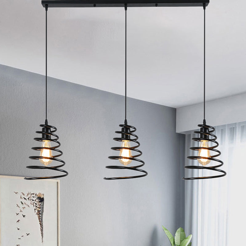 Black Conical Spring Iron Pendant Light With 3 Multi-Directional Heads For Loft Ceiling -