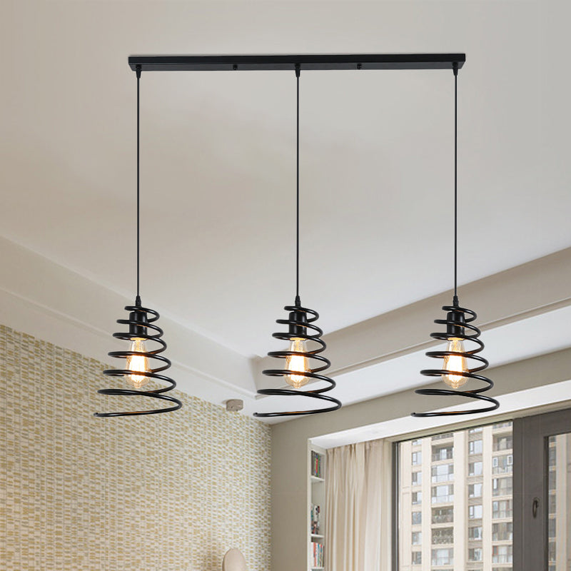 Modern 3-Head Pendant Light in Black - Multi Light Fixture for Loft, Conical Spring Iron Design with Round/Linear Canopy