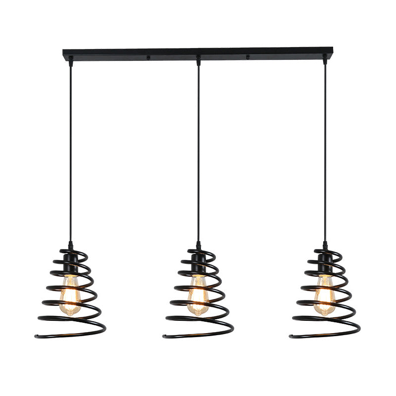 Modern 3-Head Pendant Light in Black - Multi Light Fixture for Loft, Conical Spring Iron Design with Round/Linear Canopy