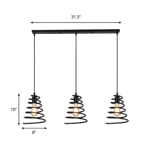 Modern 3-Head Pendant Light in Black - Multi Light Fixture for Loft, Conical Spring Iron Design with Round/Linear Canopy