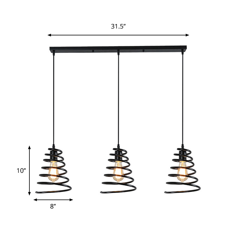 Black Conical Spring Iron Pendant Light With 3 Multi-Directional Heads For Loft Ceiling -