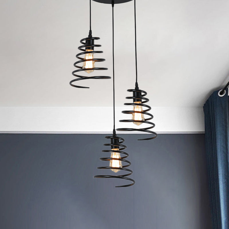 Black Conical Spring Iron Pendant Light With 3 Multi-Directional Heads For Loft Ceiling -