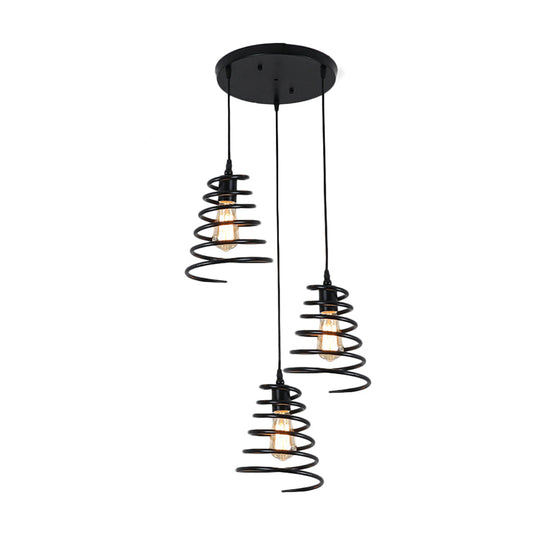 Modern 3-Head Pendant Light in Black - Multi Light Fixture for Loft, Conical Spring Iron Design with Round/Linear Canopy