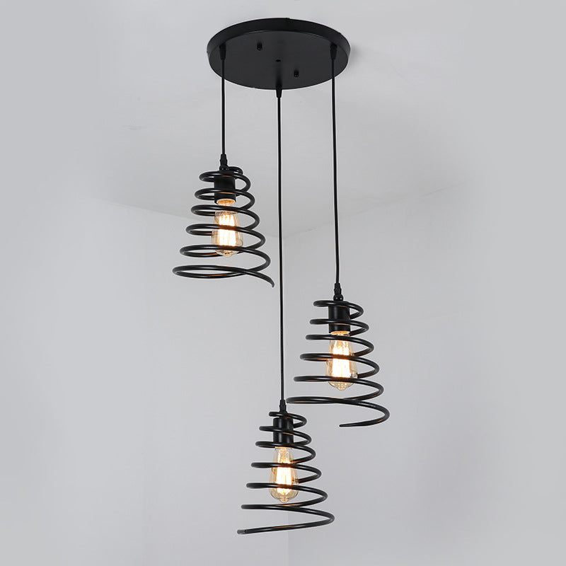 Modern 3-Head Pendant Light in Black - Multi Light Fixture for Loft, Conical Spring Iron Design with Round/Linear Canopy