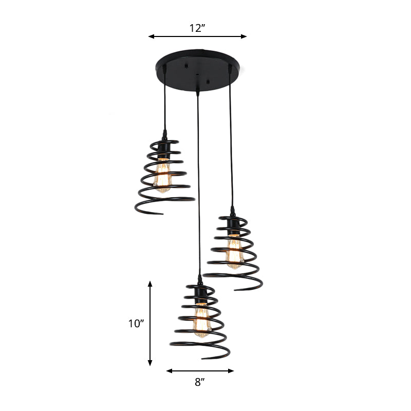 Modern 3-Head Pendant Light in Black - Multi Light Fixture for Loft, Conical Spring Iron Design with Round/Linear Canopy