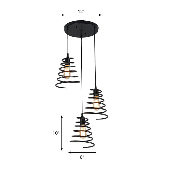 Modern 3-Head Pendant Light in Black - Multi Light Fixture for Loft, Conical Spring Iron Design with Round/Linear Canopy