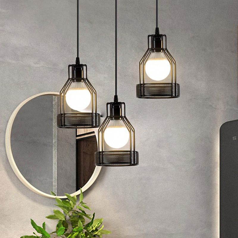 Black Iron Frame Pendant Lighting With Mesh Bottom - Industrial Style For Dining Table 3 Bulbs