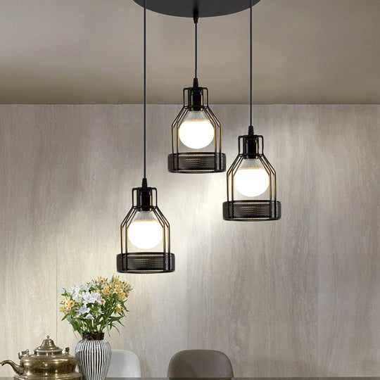 Black Iron Frame Pendant Lighting With Mesh Bottom - Industrial Style For Dining Table 3 Bulbs