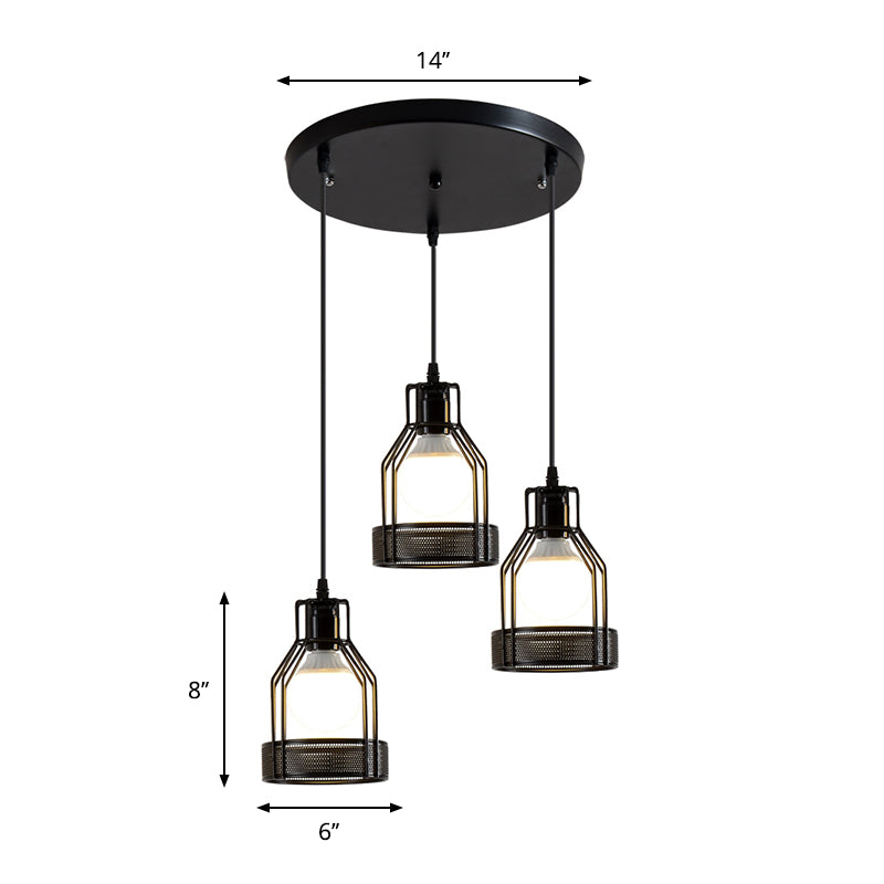 Iron Bottle Frame Cluster Pendant Industrial Suspension Lighting with Mesh Bottom - Black, 3 Bulbs, Dining Table Compatible