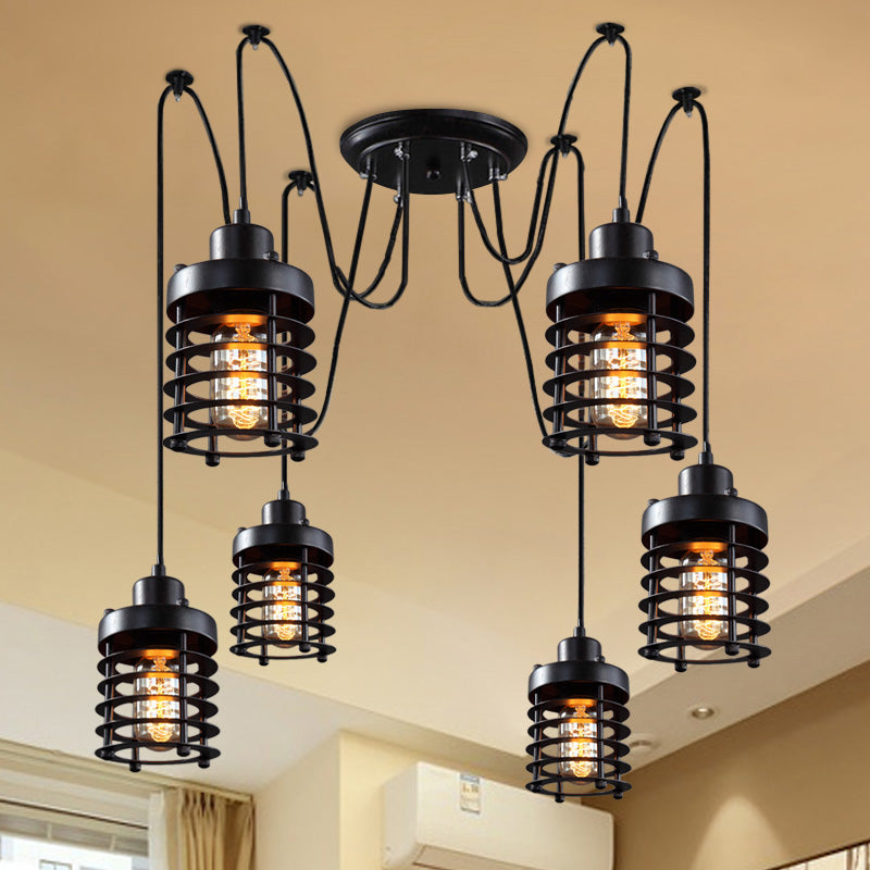 Black Metal Lantern Swag Pendant Light With Multiple Hanging Heads For Living Room