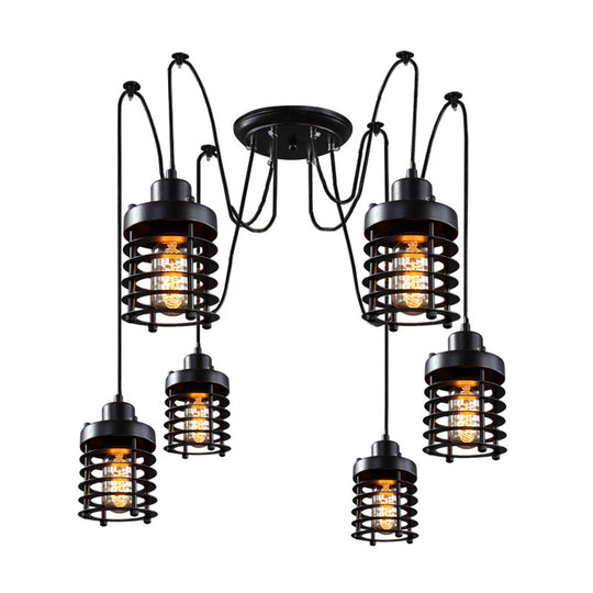 Black Metal Lantern Swag Pendant Light With Multiple Hanging Heads For Living Room