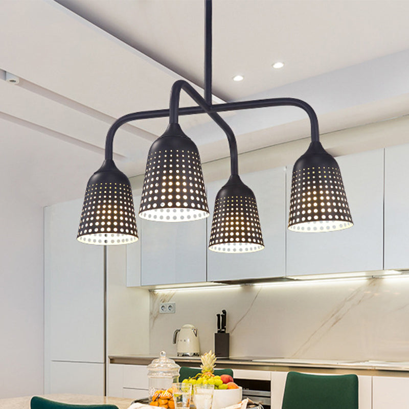 Factory Iron Hanging Pendant Light Fixture - Black Bell 4 Heads For Kitchen Dinette Island