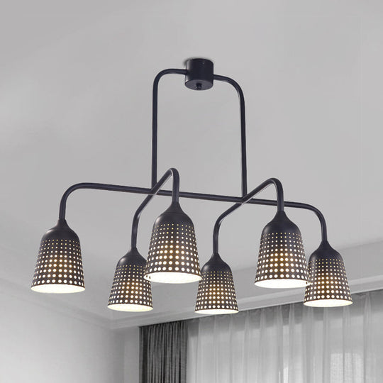 Industrial Black Metal Pendant Light With 6 Mesh Bell Shades And Island Style