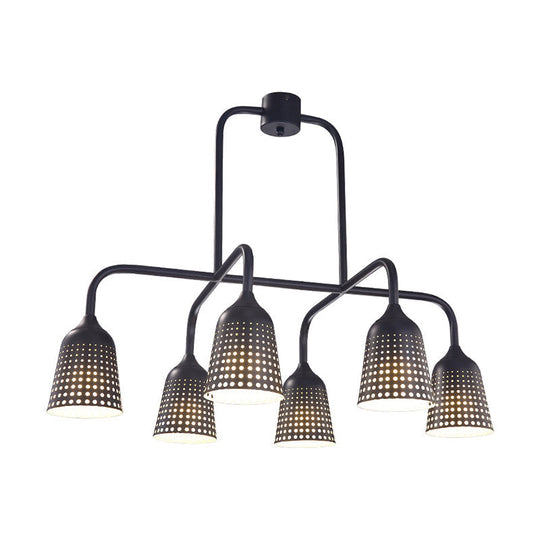 Industrial Black Metal Pendant Light With 6 Mesh Bell Shades And Island Style