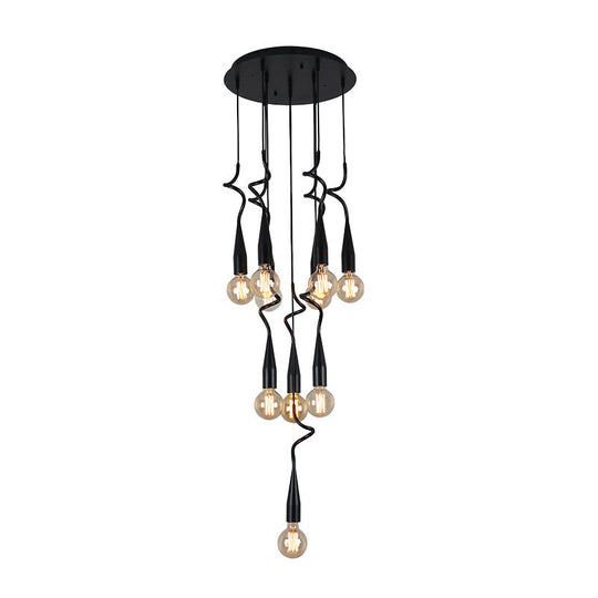 Industrial Style Black Iron Pendant Lamp with Cascading Open Bulb Design - 3 to 10 Heads