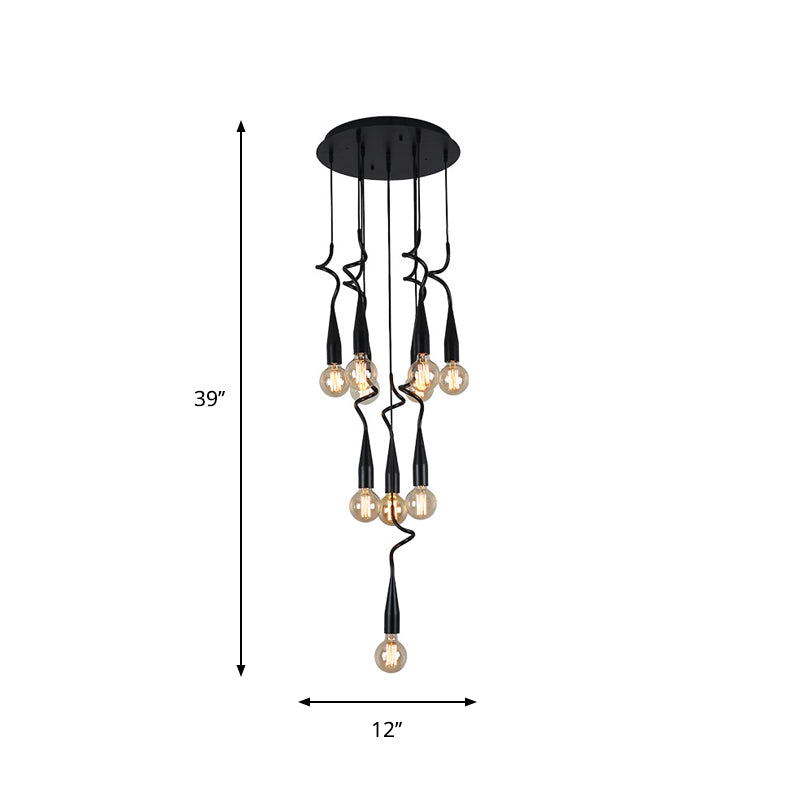 Industrial Style Black Iron Pendant Lamp with Cascading Open Bulb Design - 3 to 10 Heads