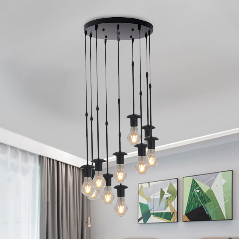 Iron Exposed Bulb Drapes Ceiling Light Loft Pendant Lighting - Black, 5/10 Heads Bistro Multi Light, Round/Linear Canopy