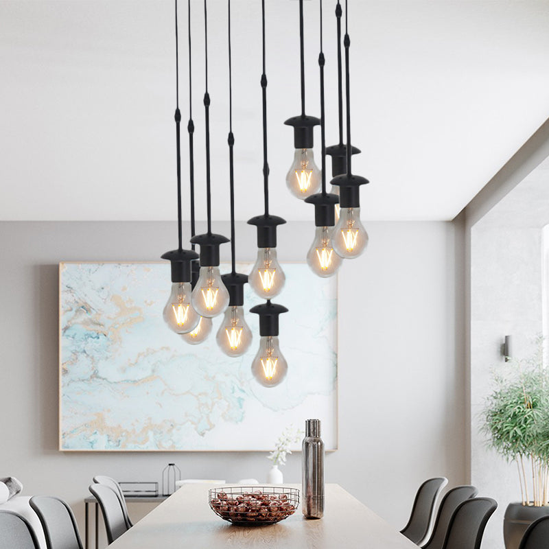 Iron Exposed Bulb Ceiling Light With 5/10 Heads In Black - Perfect For Loft Bistro And More