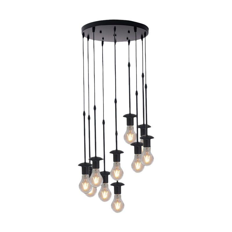 Iron Exposed Bulb Ceiling Light With 5/10 Heads In Black - Perfect For Loft Bistro And More