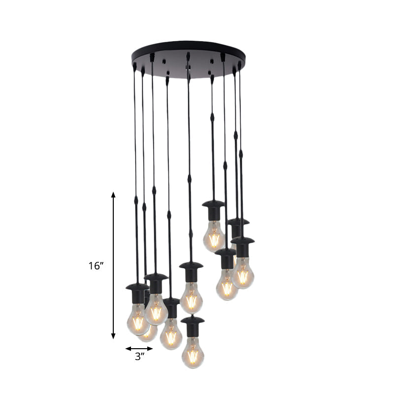 Iron Exposed Bulb Ceiling Light With 5/10 Heads In Black - Perfect For Loft Bistro And More