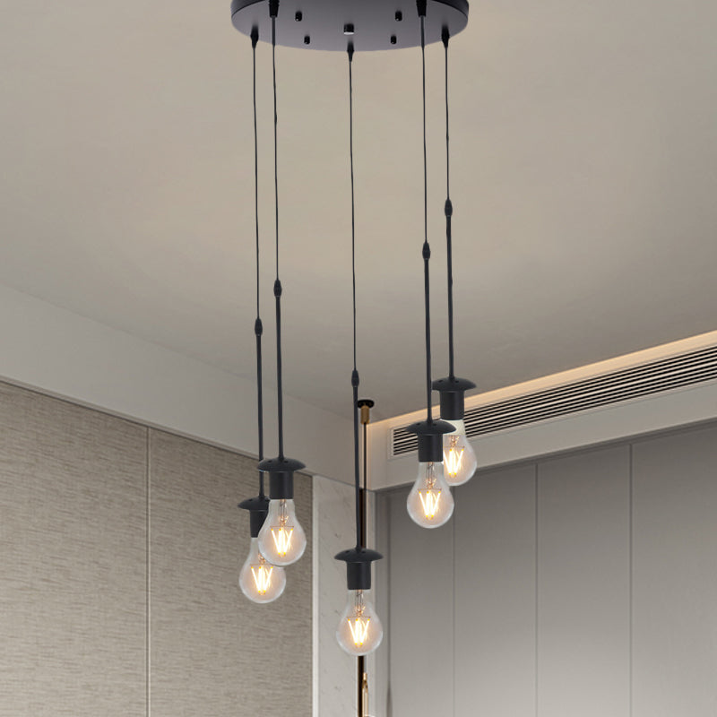 Iron Exposed Bulb Drapes Ceiling Light Loft Pendant Lighting - Black, 5/10 Heads Bistro Multi Light, Round/Linear Canopy