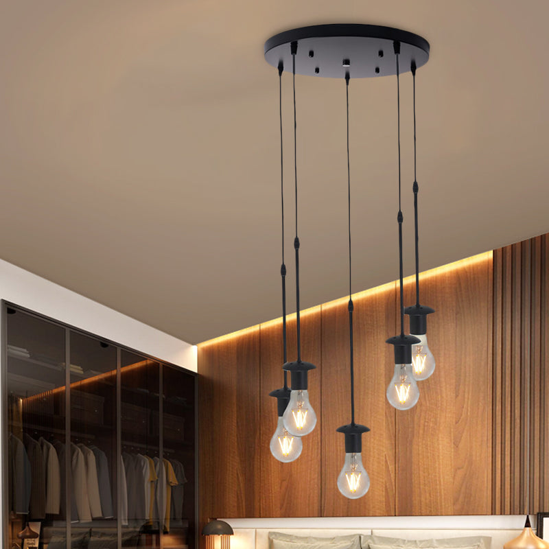 Iron Exposed Bulb Drapes Ceiling Light Loft Pendant Lighting - Black, 5/10 Heads Bistro Multi Light, Round/Linear Canopy