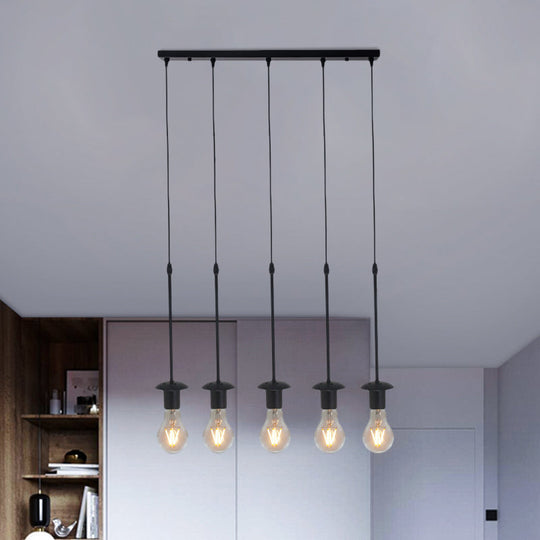 Iron Exposed Bulb Drapes Ceiling Light Loft Pendant Lighting - Black, 5/10 Heads Bistro Multi Light, Round/Linear Canopy