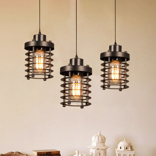 3-Head Black Metal Pendant Lamp for Dining Table and Warehouse | Cylindrical Design