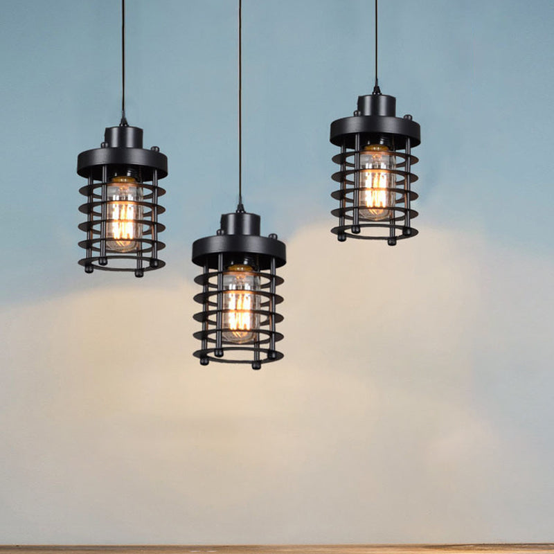 3-Head Black Metal Pendant Lamp for Dining Table and Warehouse | Cylindrical Design