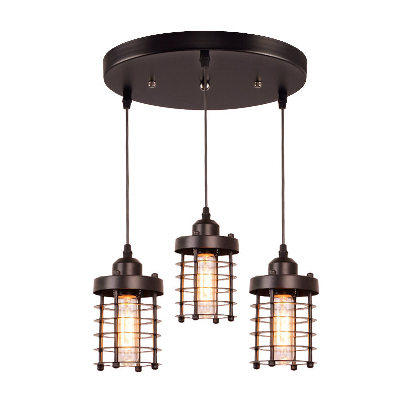 3-Head Black Metal Pendant Lamp for Dining Table and Warehouse | Cylindrical Design